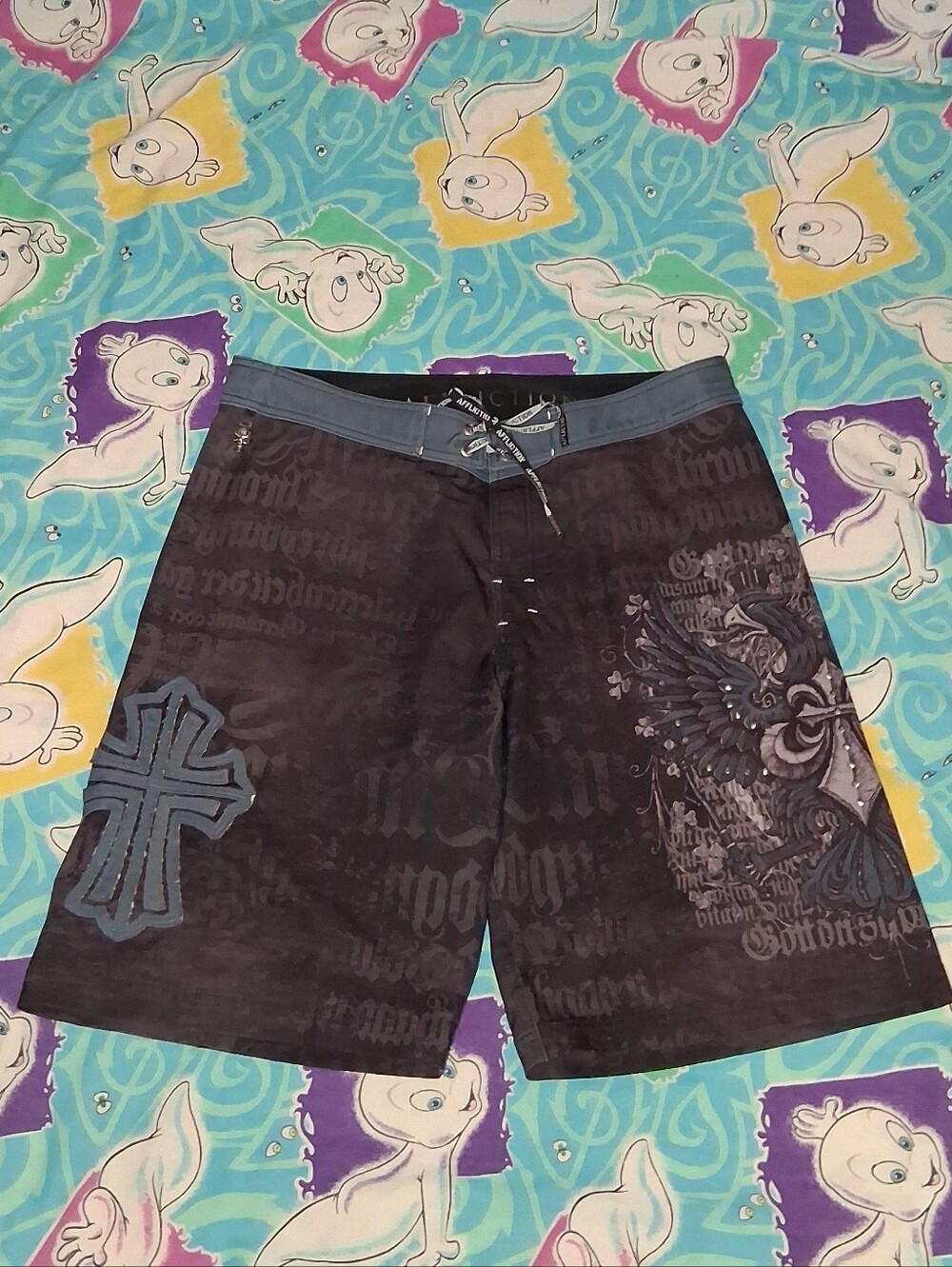 Y2K Affliction Vintage Cross Skull Board Shorts